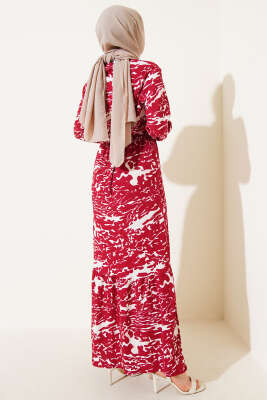 Beli Lastikli Karışık Desen Bürümcük Elbise Bordo - Tesettür Elbise