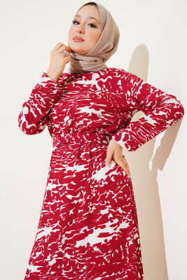Beli Lastikli Karışık Desen Bürümcük Elbise Bordo - Tesettür Elbise