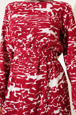 Beli Lastikli Karışık Desen Bürümcük Elbise Bordo - Tesettür Elbise