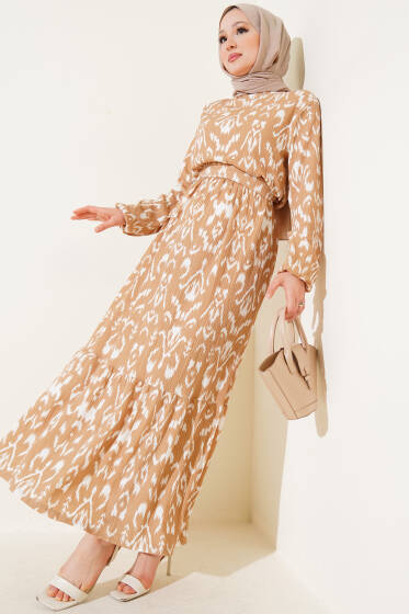 Beli Lastikli Karışık Desen Bürümcük Elbise Camel - Elbise