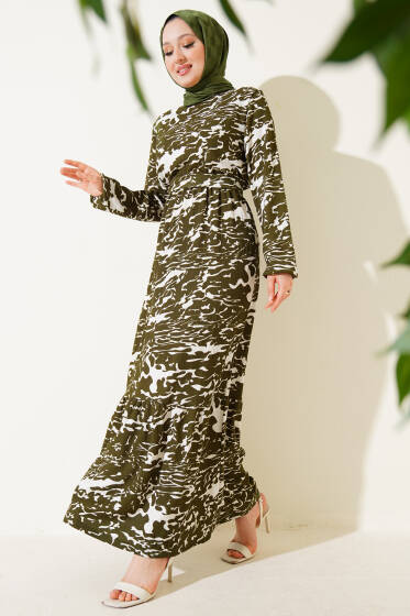 Beli Lastikli Karışık Desen Bürümcük Elbise Haki - Elbise