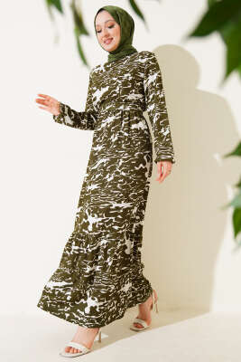 Beli Lastikli Karışık Desen Bürümcük Elbise Haki 