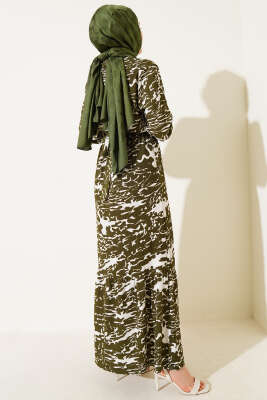 Beli Lastikli Karışık Desen Bürümcük Elbise Haki - Tesettür Elbise