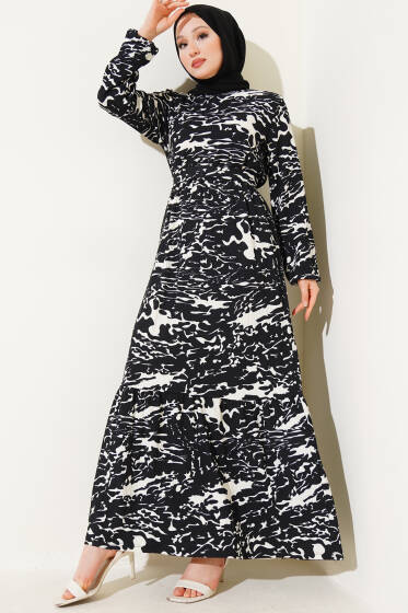 Beli Lastikli Karışık Desen Bürümcük Elbise Siyah - Elbise