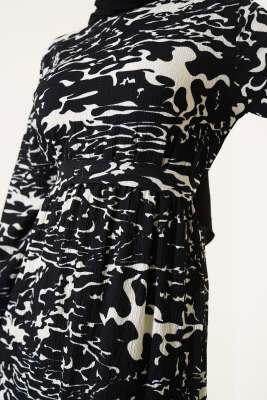 Beli Lastikli Karışık Desen Bürümcük Elbise Siyah - Tesettür Elbise