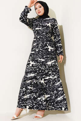 Beli Lastikli Karışık Desen Bürümcük Elbise Siyah 