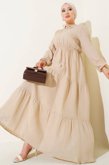 Beli Lastikli Kat Elbise Bej - Elbise