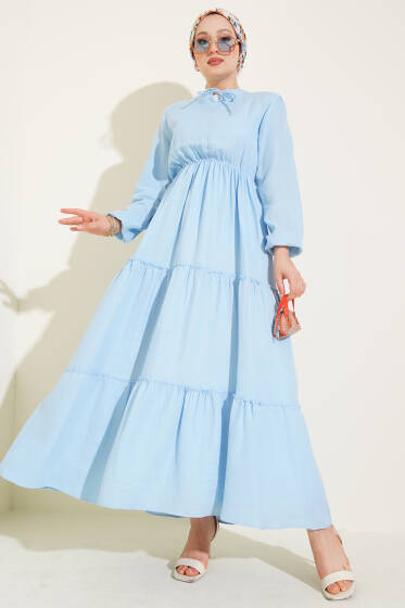 Beli Lastikli Kat Elbise Mavi - Elbise