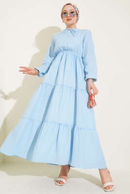 Beli Lastikli Kat Elbise Mavi 