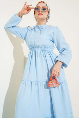 Beli Lastikli Kat Elbise Mavi - Tesettür Elbise