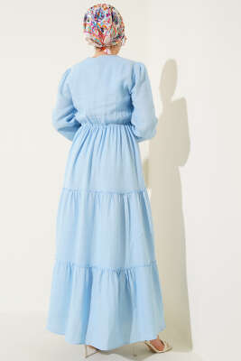 Beli Lastikli Kat Elbise Mavi - Tesettür Elbise