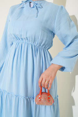 Beli Lastikli Kat Elbise Mavi - Tesettür Elbise