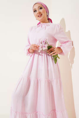 Beli Lastikli Kat Elbise Pembe - Tesettür Elbise