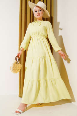 Beli Lastikli Kat Elbise Sarı - Tesettür Elbise