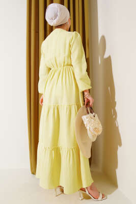 Beli Lastikli Kat Elbise Sarı - Tesettür Elbise