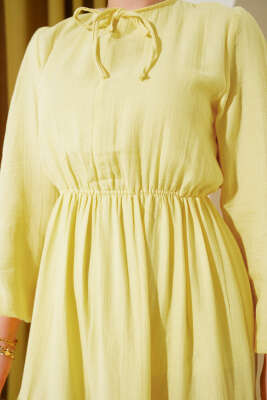 Beli Lastikli Kat Elbise Sarı - Tesettür Elbise