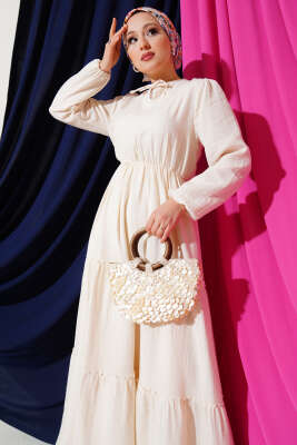 Beli Lastikli Kat Elbise Taş - Tesettür Elbise