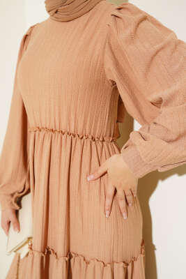 Beli Lastikli Kat Kat Elbise Bisküvi - Tesettür Elbise