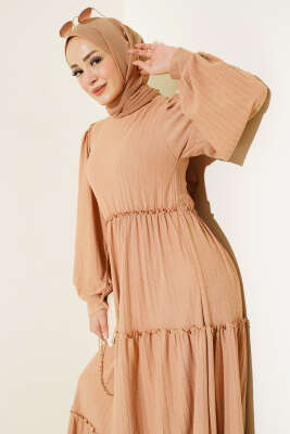 Beli Lastikli Kat Kat Elbise Bisküvi - Tesettür Elbise
