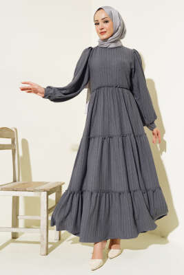 Beli Lastikli Kat Kat Elbise Füme - Tesettür Elbise