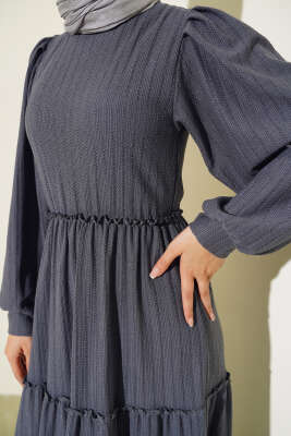 Beli Lastikli Kat Kat Elbise Füme - Tesettür Elbise