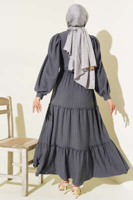 Beli Lastikli Kat Kat Elbise Füme - Tesettür Elbise