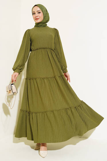 Beli Lastikli Kat Kat Elbise Haki - Elbise