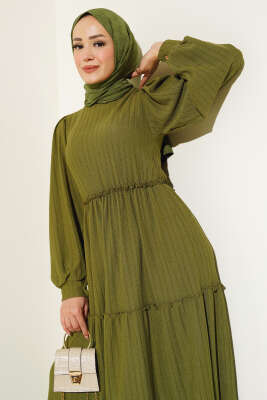 Beli Lastikli Kat Kat Elbise Haki - Tesettür Elbise
