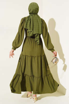 Beli Lastikli Kat Kat Elbise Haki - Tesettür Elbise