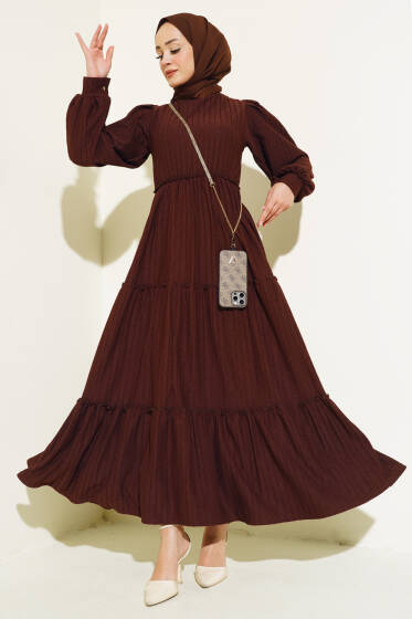 Beli Lastikli Kat Kat Elbise Kahve - Elbise