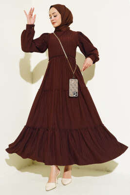 Beli Lastikli Kat Kat Elbise Kahve - Tesettür Elbise