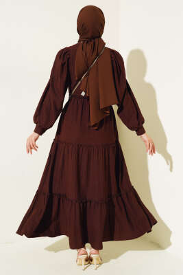 Beli Lastikli Kat Kat Elbise Kahve - Tesettür Elbise