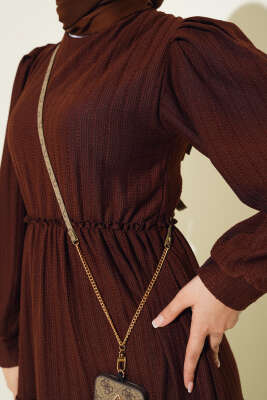 Beli Lastikli Kat Kat Elbise Kahve - Tesettür Elbise