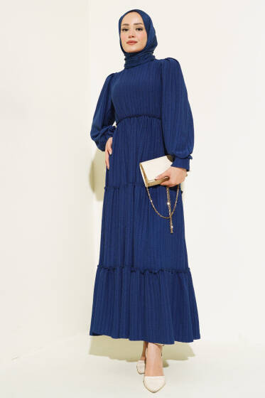 Beli Lastikli Kat Kat Elbise Lacivert - Elbise