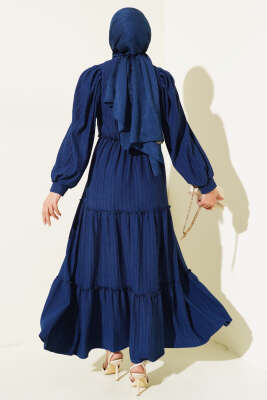 Beli Lastikli Kat Kat Elbise Lacivert - Tesettür Elbise