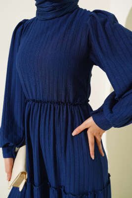 Beli Lastikli Kat Kat Elbise Lacivert - Tesettür Elbise