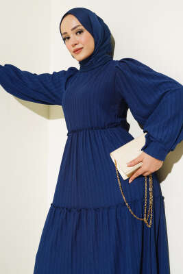 Beli Lastikli Kat Kat Elbise Lacivert - Tesettür Elbise