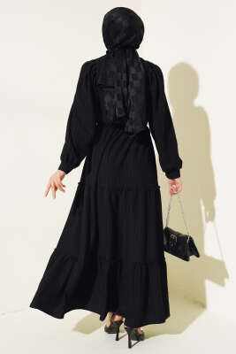 Beli Lastikli Kat Kat Elbise Siyah - Tesettür Elbise