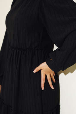 Beli Lastikli Kat Kat Elbise Siyah - Tesettür Elbise