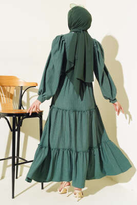 Beli Lastikli Kat Kat Elbise Yeşil - Tesettür Elbise