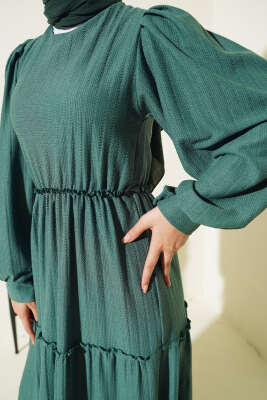 Beli Lastikli Kat Kat Elbise Yeşil - Tesettür Elbise