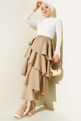Beli Lastikli Kat Kat Etek Bej - Uzun Etek