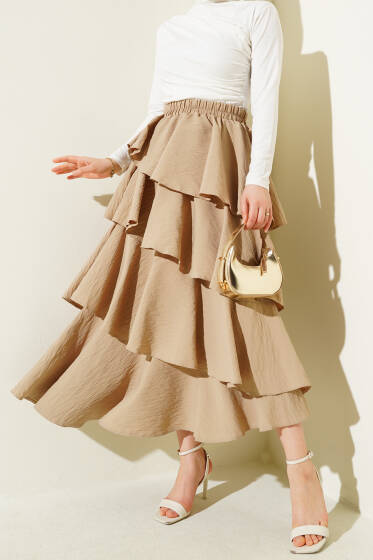 Beli Lastikli Kat Kat Etek Bej - Uzun Etek