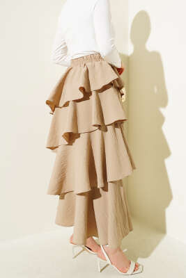 Beli Lastikli Kat Kat Etek Bej - Uzun Etek