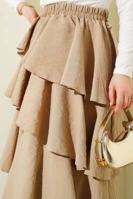 Beli Lastikli Kat Kat Etek Bej - Uzun Etek