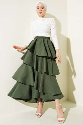 Beli Lastikli Kat Kat Etek Haki - Uzun Etek