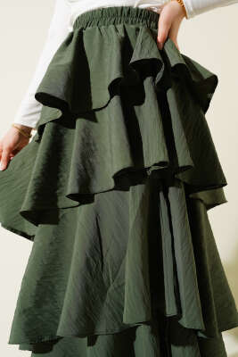 Beli Lastikli Kat Kat Etek Haki - Uzun Etek