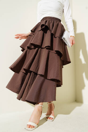 Beli Lastikli Kat Kat Etek Kahve - Uzun Etek