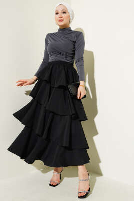 Beli Lastikli Kat Kat Etek Siyah - Uzun Etek