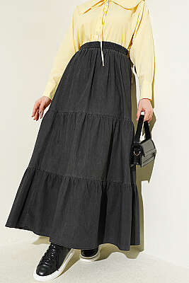 Beli Lastikli Katlı Kot Etek Antrasit - BERAT TEKSTİL